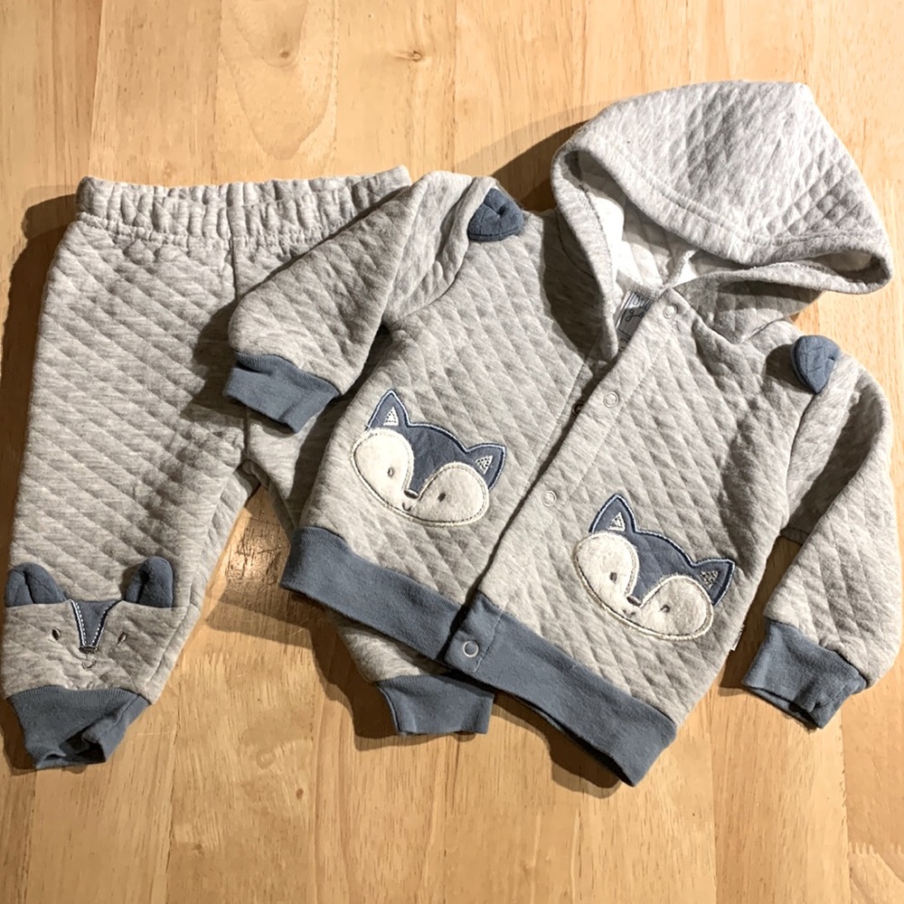 Duck Duck Goose baby quilted jogger hoodie grey blue fox set, Size 3-6m